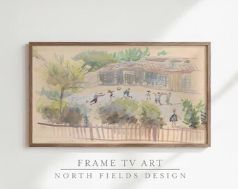 School Backyard Frame TV Art | Nostalgic Playtime Painting, Digital Download for Samsung Frame TV, Vintage Watercolor Sketch, TV Wallpaper