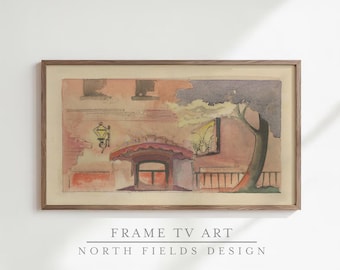 Vintage Watercolor Storefront Frame TV Art | Digital Download TV Wallpaper Painting, Eclectic Pink Wall Art, Insect Sign Pastel Cityscape