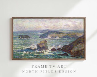 Marine Pointillism Frame TV Art | Digital Download TV Wallpaper, Coastal Seascape Oil Painting, Jade & Plum Noir Instant Wall Art 16:9