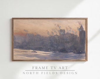 Vintage NYC Skyline Frame TV Art | Samsung Frame TV Harbor Art, New York City Digital Wallpaper, 16:9 4K Download