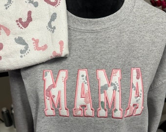 Mama embroidered baby outfit keepsake applique sweatshirt, gift for mom, personalized mama shirt, mama keepsake sweatshirt with baby clothes