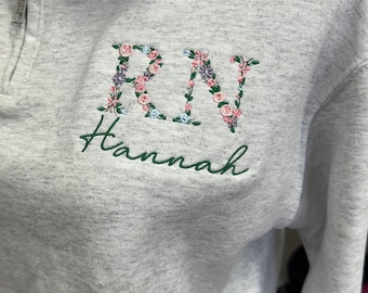 Custom Embroidered nurse quarter zip - Floral RN Jacket - Floral Nurse jacket -  personalized  quarter zip floral zip jack - nurse gift