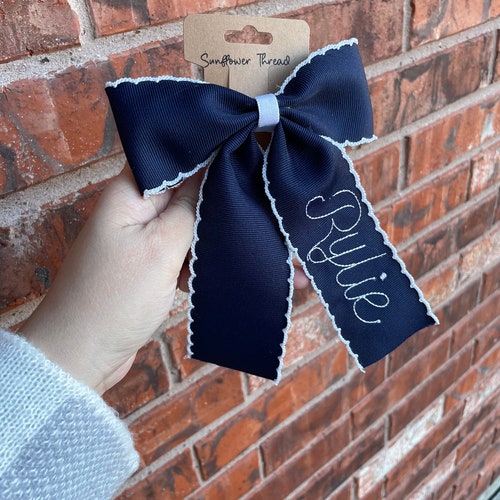 Embroidered Moonstitch Bow with Name - Personalized  Bow - Embroidered Moonstitch Bow