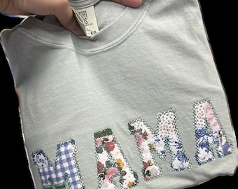 Embroidered Floral Mama Short Sleeve Shirt - Mama quilted shirt - Appliqué Mama Shirt - Mama gift - Mom gift - Grandma Shirt - nana quilted