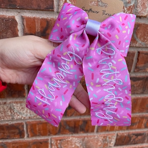 Embroidered sprinkle Happy Birthday Bow with Name - Personalized Happy Birthday Bow - Embroidered sprinkle Birthday Bow