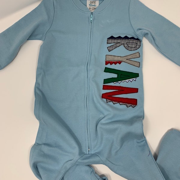 Applique Personalized Sleeper - Dinosaur Name Sleeper - Boy Sleeper - Dinosaur Name Pajamas - Personalized Dinosaur