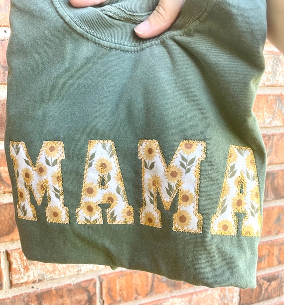 Embroidered Sunflower Mama Short Sleeve Shirt - Appliqué Mama Shirt - Mama gift - Mom gift