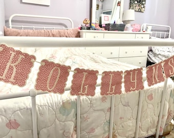 Floral Crib Embroidered Banner - Embroidered Name banner -  End of bed name banner - personalized name banner