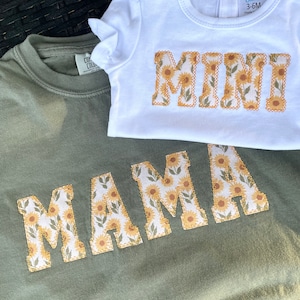 Embroidered Sunflower Mama Short Sleeve Shirt - Appliqué Mama Shirt - Mama gift  - mama and mini matching set - mom and daughter shirt