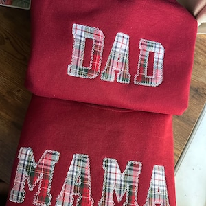 Embroidered Flannel Christmas Mom and Dad sweatshirt - Appliqué Mama sweatshirt - Dad Sweatshirt crewneck - personalized new parents gift