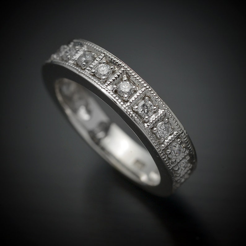 14 Karat White Gold Wedding Band with 14 Round Diamonds that Etsy
