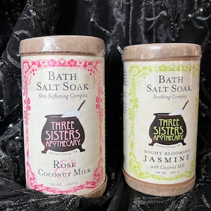 Three Sister&#39;s Apothecary Bath Salt Soak - Jasmine, Coconut Milk, - Spa, Soothing, Softening Skin Care - Gifts - Bath - 20oz.