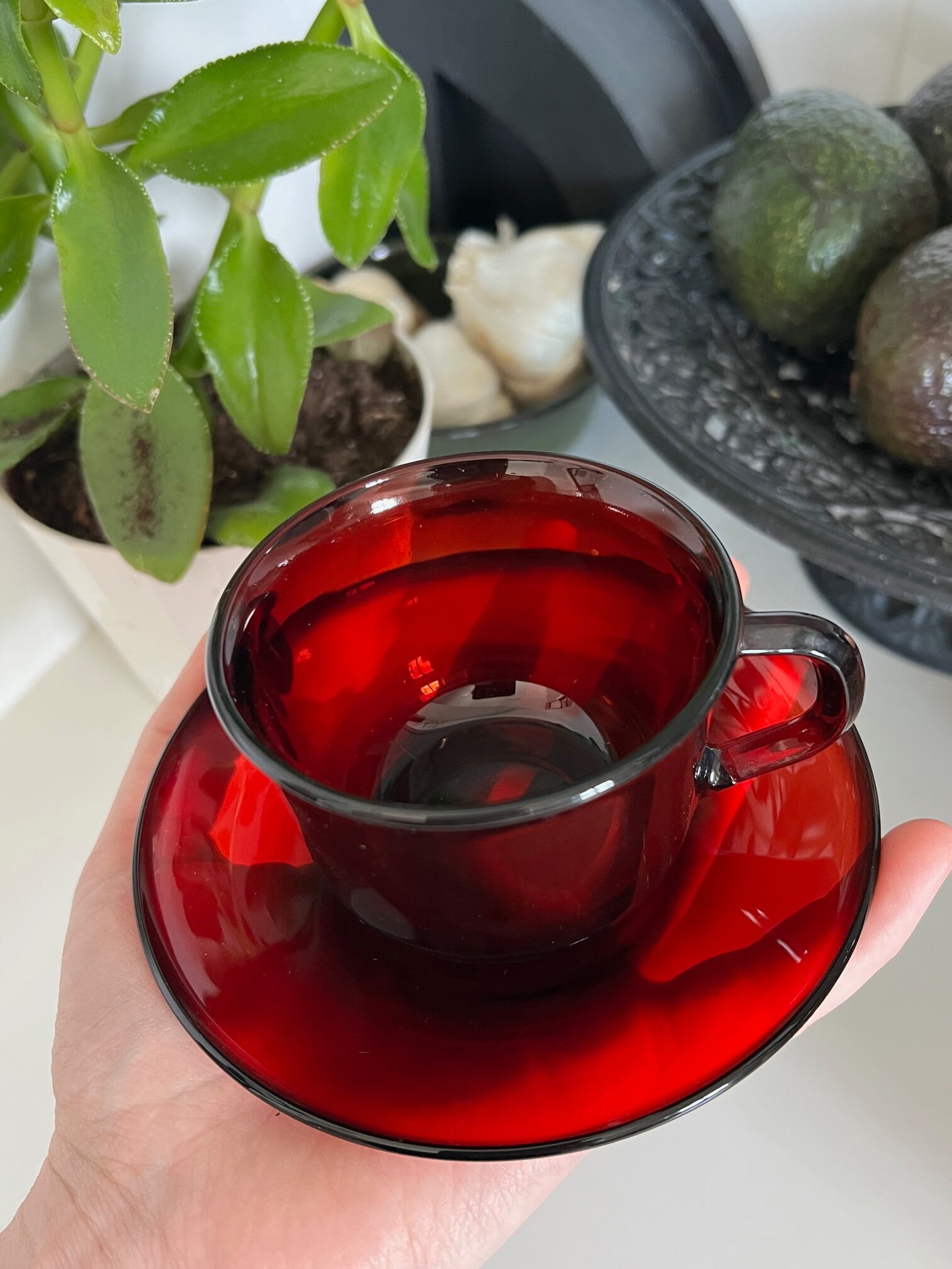 Vintage French Arcoroc Ruby Red Glass Teacups and Saucers