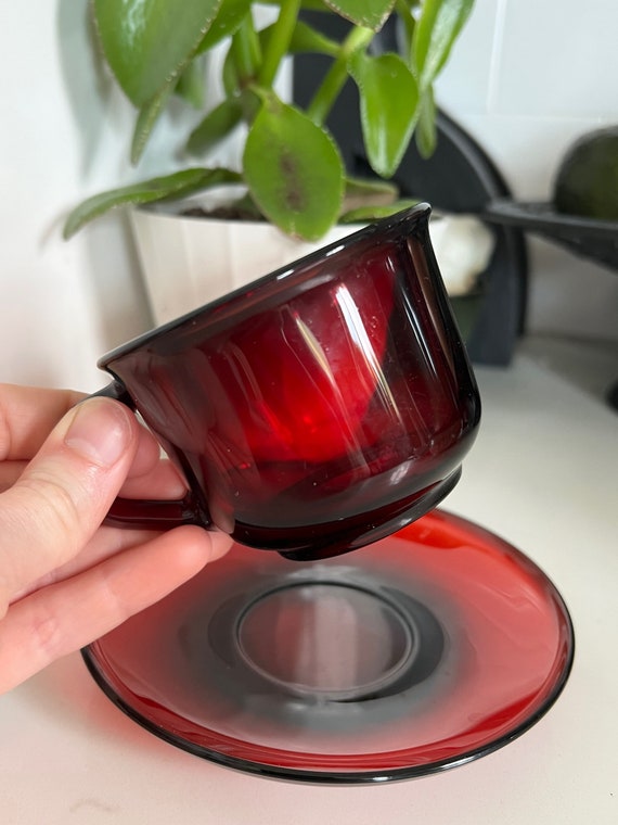 Vintage French Arcoroc Ruby Red Glass Teacups and Saucers