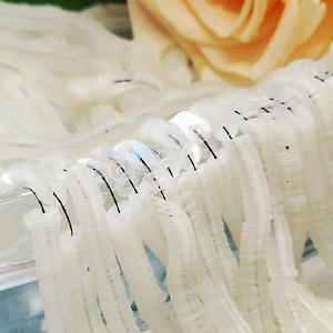 May include: A close-up of a white iridescent fringe trim with a row of sequins. The fringe is made of thin, white strands that are gathered together at the top. The sequins are small and round, and they have a iridescent finish.