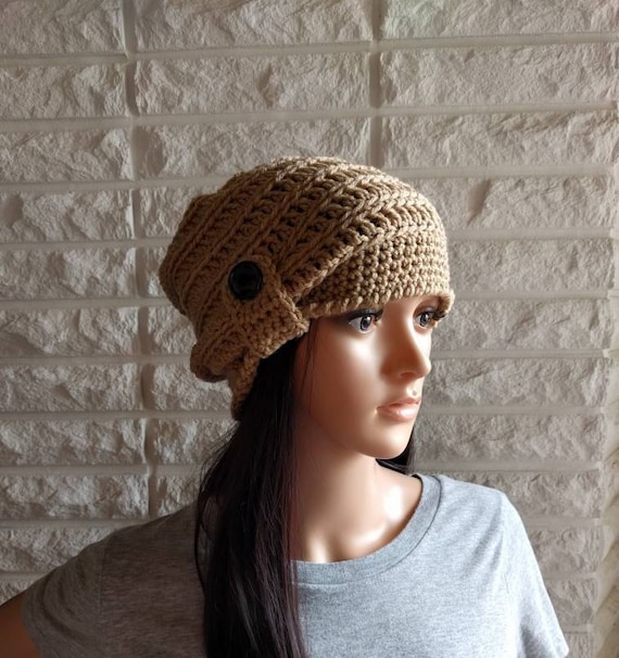 Women\'s Crochet Knitted Style Beanie Slouchy Hat Tan Slouchy Crochet Beanie, Hollow Out Knit Hat, Breathable  main image 4