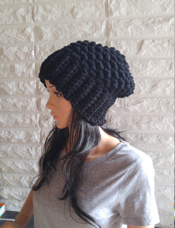 Chunky Crochet Slouch Hat: Black Wool Blend Winter Beanie - Etsy