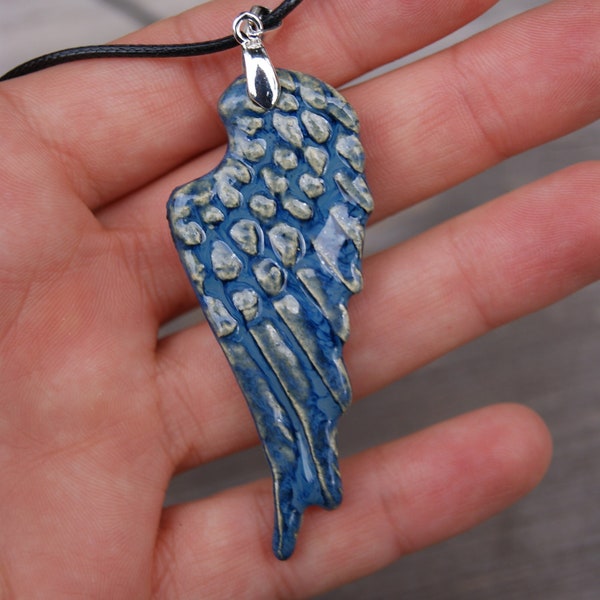 Ceramic pendant blue angel wing, Ceramic necklace, elegant pendant, ceramic blue wing, girlfriend gift idea, wing pendant, christmas gift