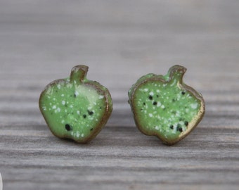 Little green apples earrings Ceramic studs ceramic earrings green apples studs surgical steel posts gift idea one of a kind apple studs