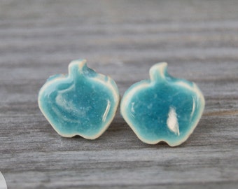 Little turquoise apples earrings Ceramic studs ceramic earrings turquoise apples studs surgical steel posts one of a kind apple studs
