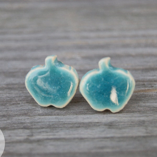 Little turquoise apples earrings Ceramic studs ceramic earrings turquoise apples studs surgical steel posts one of a kind apple studs