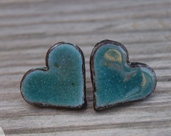 Big Turquoise heart stud earrings, Ceramic studs, ceramic earrings, blue earrings, surgical steel stud, turquoise stud, 2, womens gift