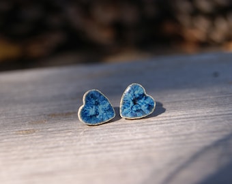 Tiny blue heart studs earrings, Ceramic blue studs, ceramic heart earrings, blue earrings, surgical steel, one of a kind blue heart stud