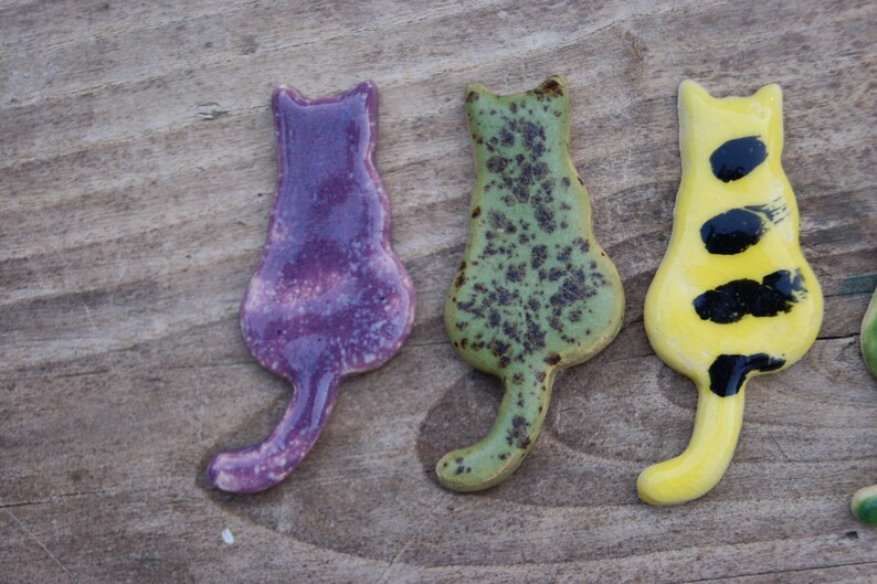 Cat fridge magnets, Ceramic kittens, refrigerator magnets, ceramic cat magnet, purple cat, Yellow cat, Green cat, striped cat, cats magnet image 2