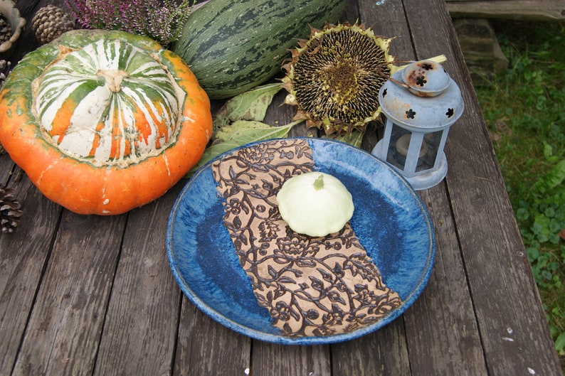 Ceramic blue dish, plate with ornament, bohemian dish, serving plate, blue plate, cake plate, a plate for snacks ,fruit plate, housewarming image 1