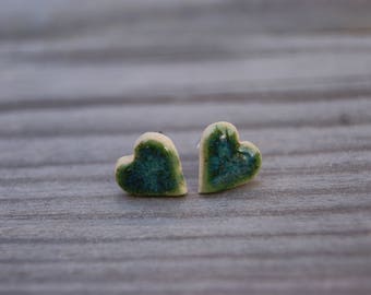 Handmade Green Ceramic Heart Stud Earrings with Surgical Steel Posts
