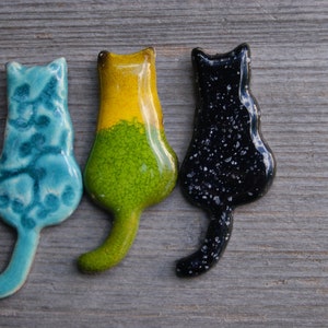 Ceramic cat fridge magnet, gift for cat lovers, Yellow cat, ceramic magnet, Black cat, Pink cat, Turquoise cat with a tail, blue cat magnet image 3