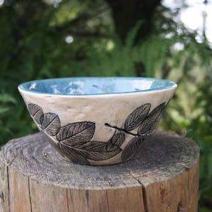 Ceramic bowl with plant motif, ceramic dish, home decor, handmade bowl, floral motif bowl, wild rose bowl, housewarming gift, blue bowl image 2