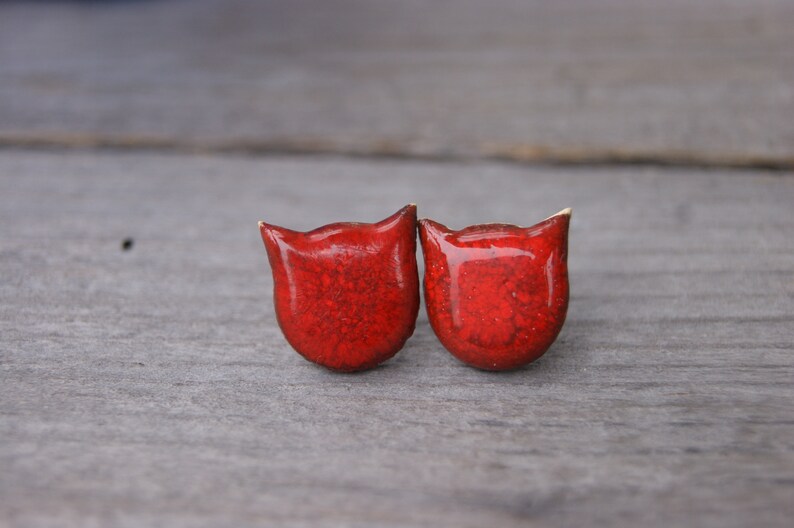 Red Ceramic Kitty Head Earrings with Surgical Steel Pins and Elegant Gift Box image 1