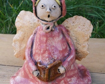 Ceramic Sculpture Ceramic Art - "Gertrude singing" Figure, Ceramic angel, Clay sculpture, Clay angel pink Sculpture, clay angel