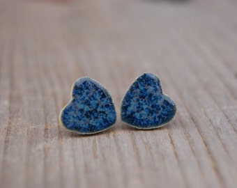 Blue heart studs earrings, Ceramic studs, ceramic heart earrings, blue earrings, surgical steel, one of a kind blue studs
