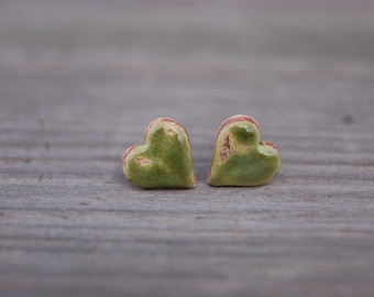 Old green heart earrings, Ceramic studs, green studs, green earrings, ceramic heart, small green earrings, girlfriend gift