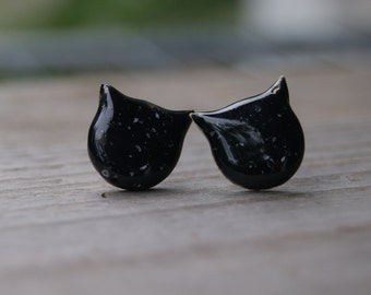Ceramic large black cat head stud, earrings Ceramic, stud cat, black stud, cat earrings, ceramic earrings, surgical steel, 15, gift for wife