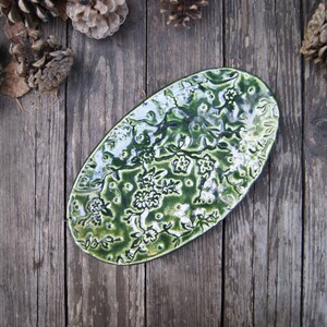 Ceramic multifunctional green dish, t-light holder, ceramic jewelry plate, candle plate with ornament, gift for birthday, green ring dish, image 2