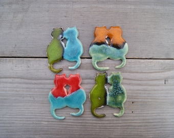 Ceramic cats kitchen magnet, christmas gift for cat lovers, cat gift, Turquoise cats, cats in love, green cats, orange cat magnet, cat gift