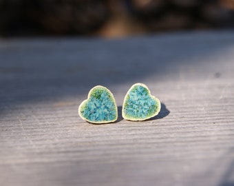 Tiny green heart studs earrings, Ceramic green studs, ceramic heart earrings, green earrings, surgical steel, one of a kind green heart stud