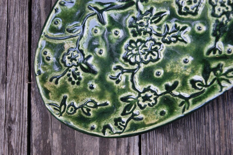 Ceramic multifunctional green dish, t-light holder, ceramic jewelry plate, candle plate with ornament, gift for birthday, green ring dish, image 4