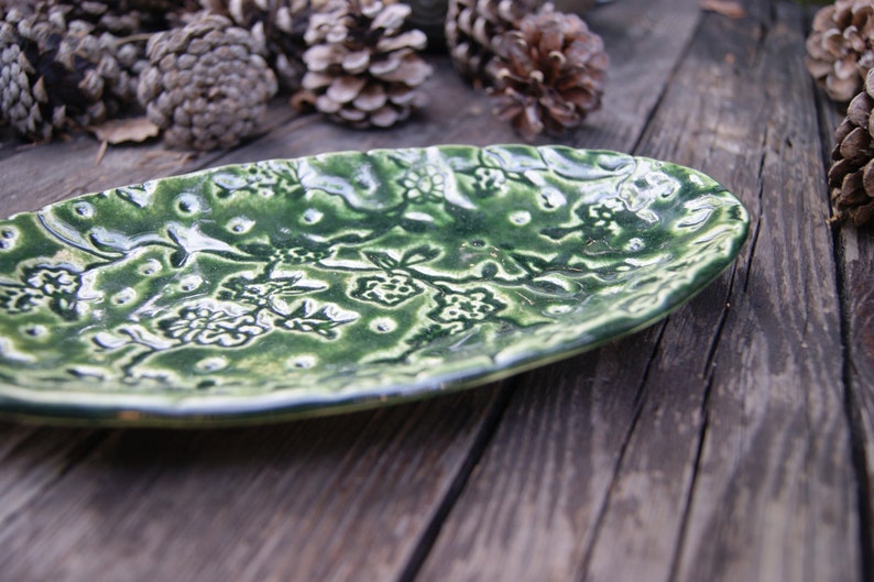 Ceramic multifunctional green dish, t-light holder, ceramic jewelry plate, candle plate with ornament, gift for birthday, green ring dish, image 8