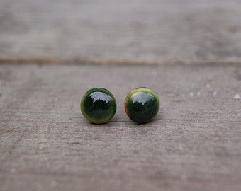 Ceramic green round stud earrings, Ceramic green stud, Green earrings, ceramic earrings, surgical steel stud, one of a kind, charming gift
