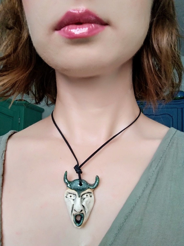 Devil Face Pendant, Ceramic Face Necklace, Elegant Pendant