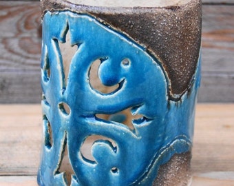 Handmade Ceramic Lantern in Turquoise and Brown with Visible Fine Grog Texture