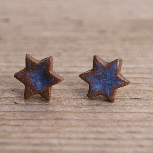 Unique ceramic little blue star studs earrings, surgical steel, ceramic earring, ceramic studs, Blue Studs, dark star earrings