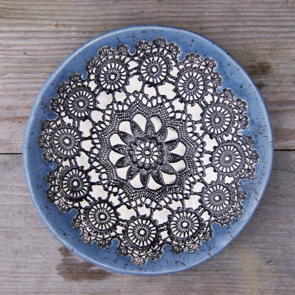 Blue ceramic plate with black lace, Folk Platters, Hand Molded Ceramic Platter, Unique Serving Platter, lace motif, ceramic plate