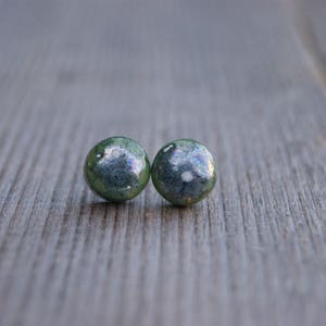 Ceramic silver green dot earrings, lunar dot studs, Ceramic studs, ceramic earrings, silver green earrings, surgical steel posts,