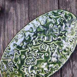 Ceramic multifunctional green dish, t-light holder, ceramic jewelry plate, candle plate with ornament, gift for birthday, green ring dish, image 1