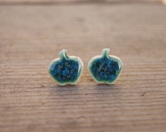 Ceramic little green apple earrings, earrings for her, Ceramic studs, surgical steel, green apples studs, sea green earrings